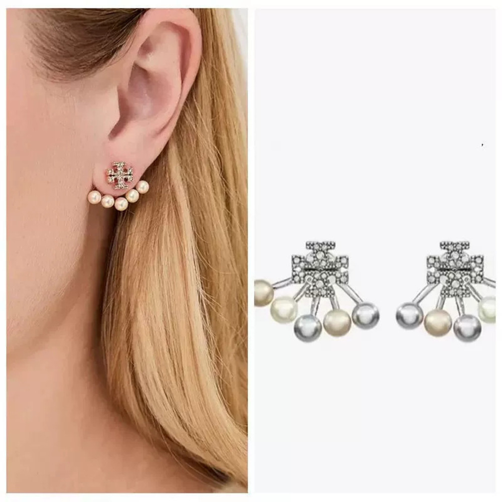 Tory Burch Colorful Pearl Diamond Letter Stud Earrings Metal